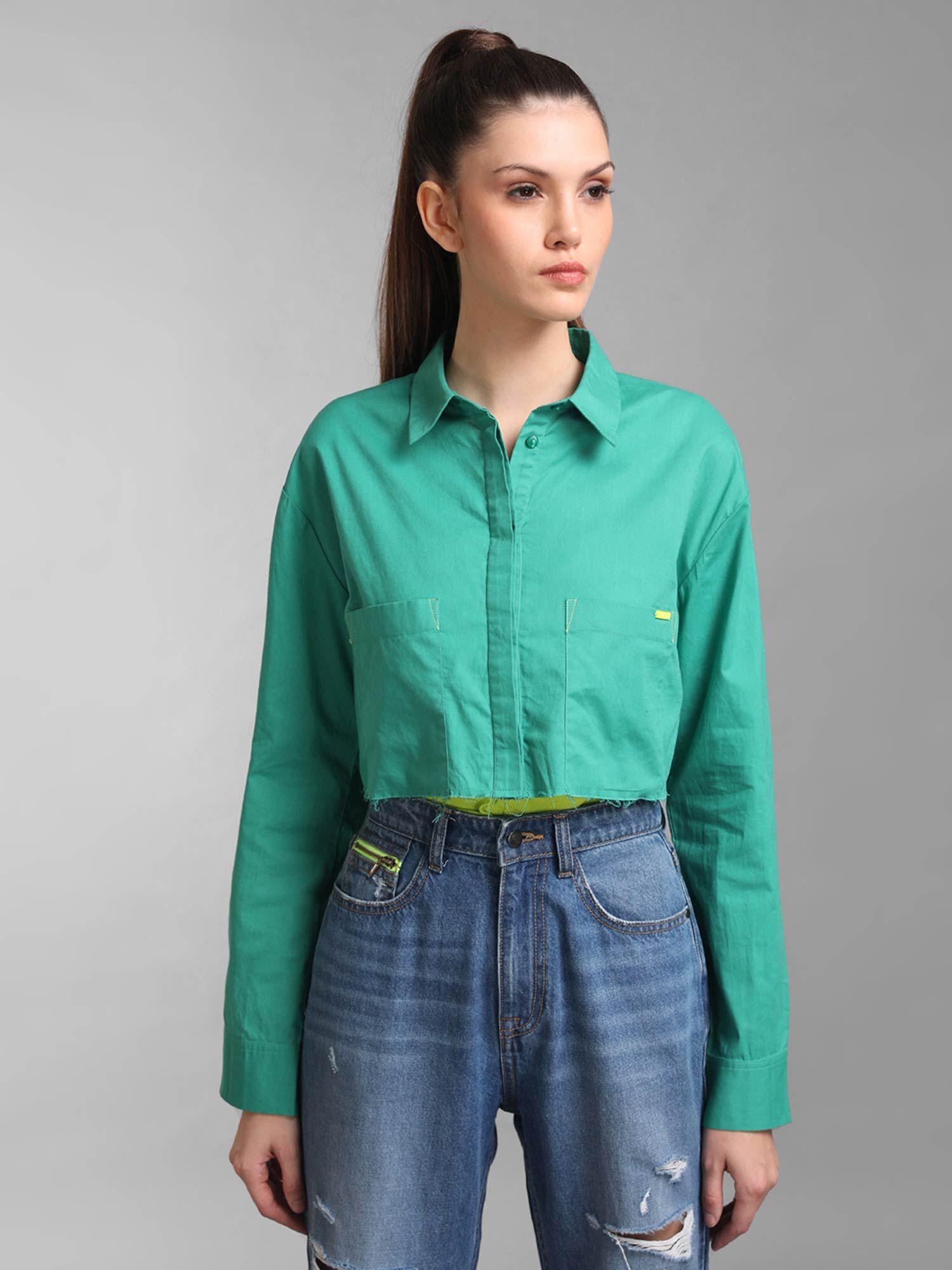 green boxy full sleeves shirt