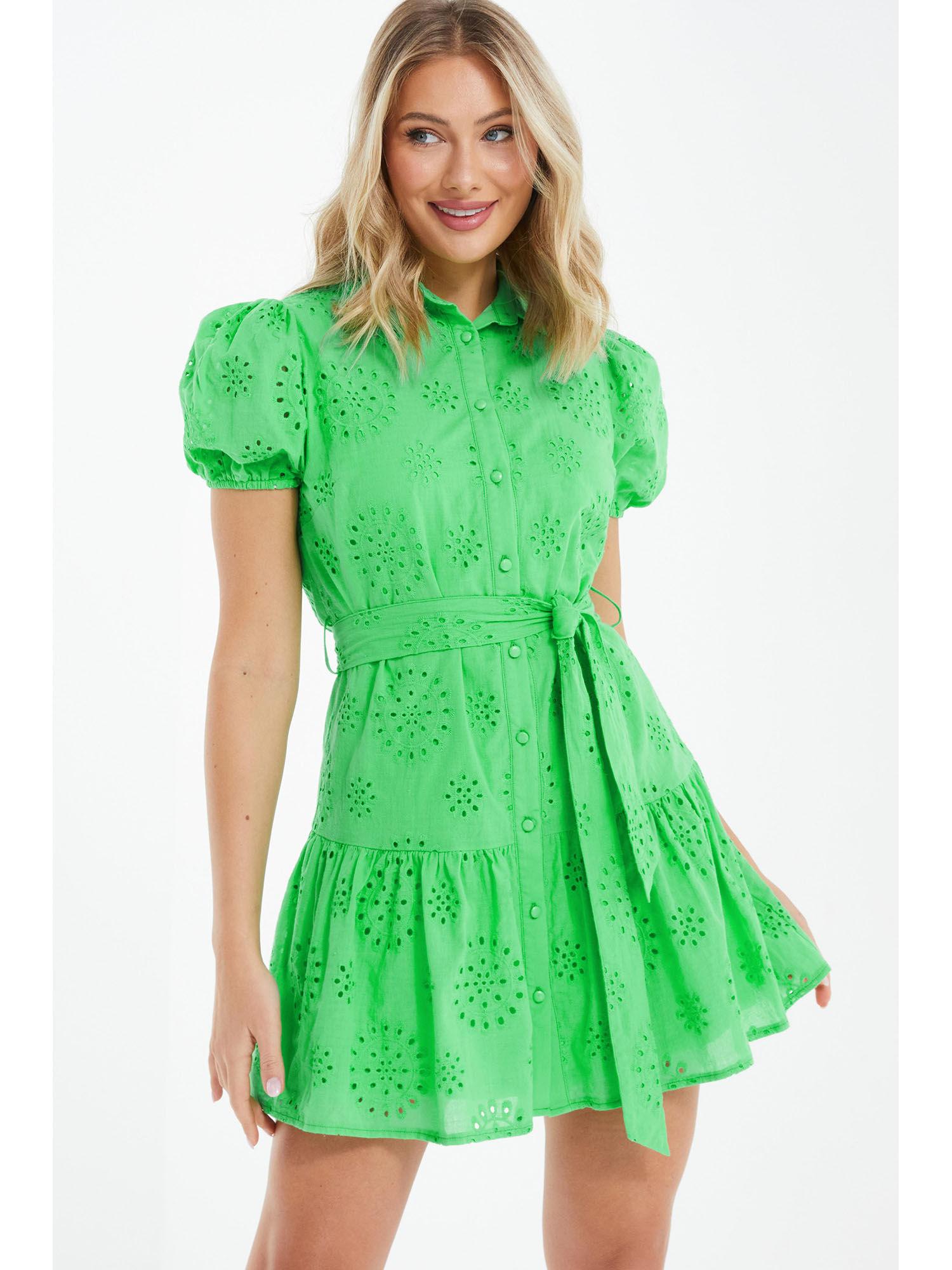 green broderie anglaise puff sleeve mini dress (set of 2)