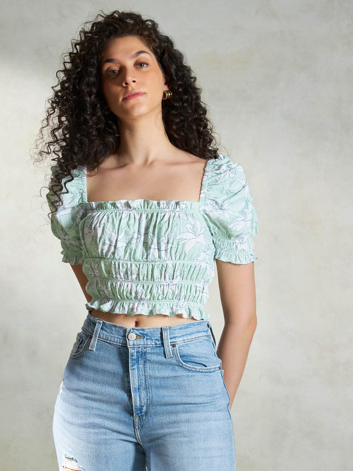 green bustier cotton floral crop top