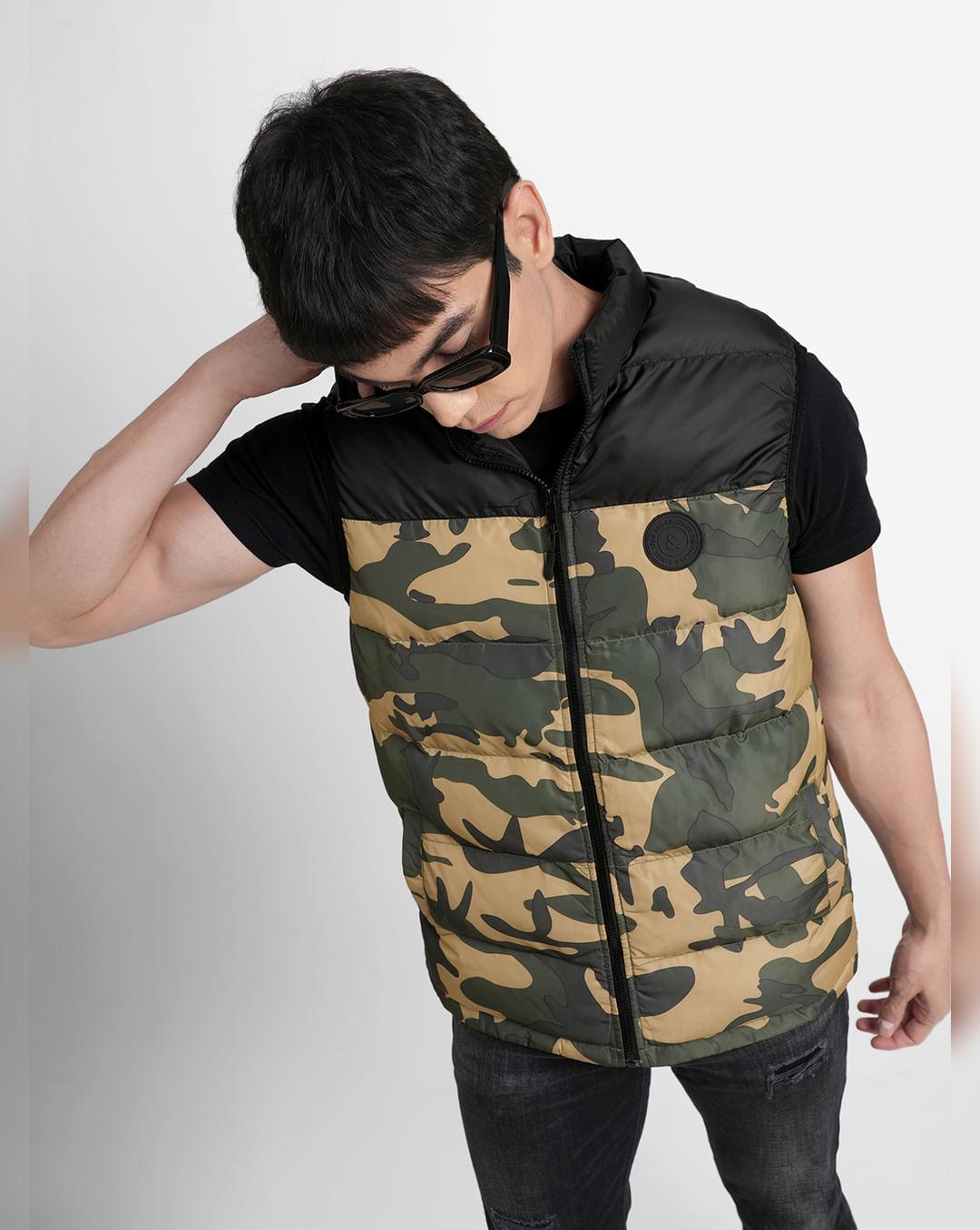 green camo print puffer vest