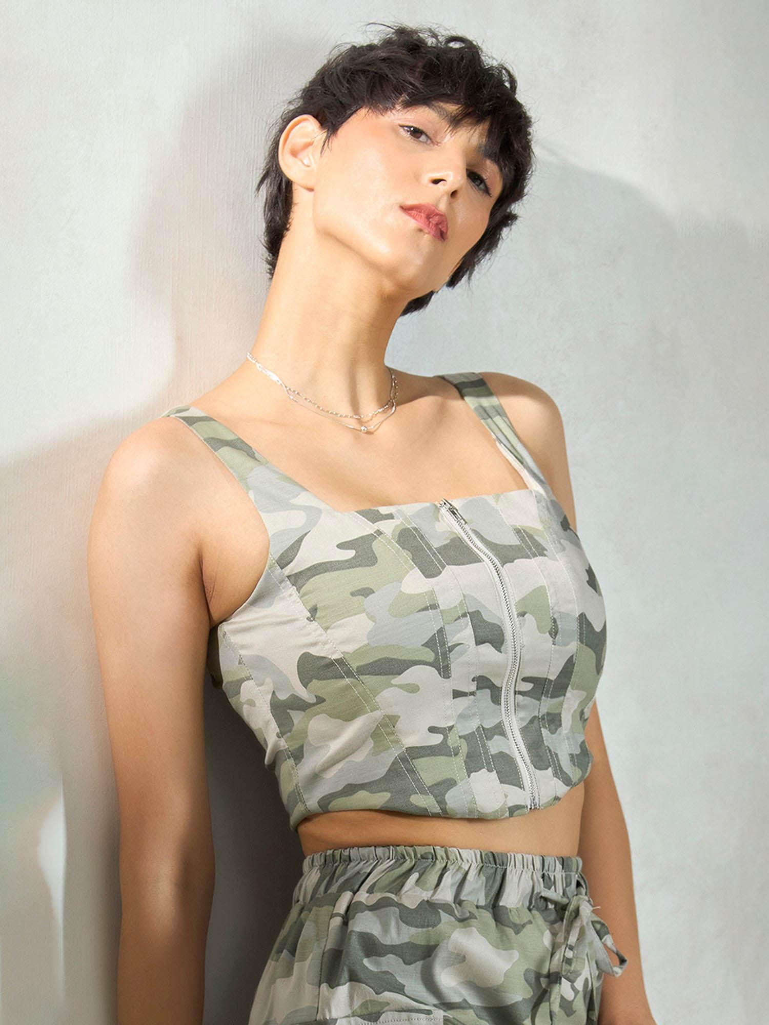 green camouflage cotton camo crop top