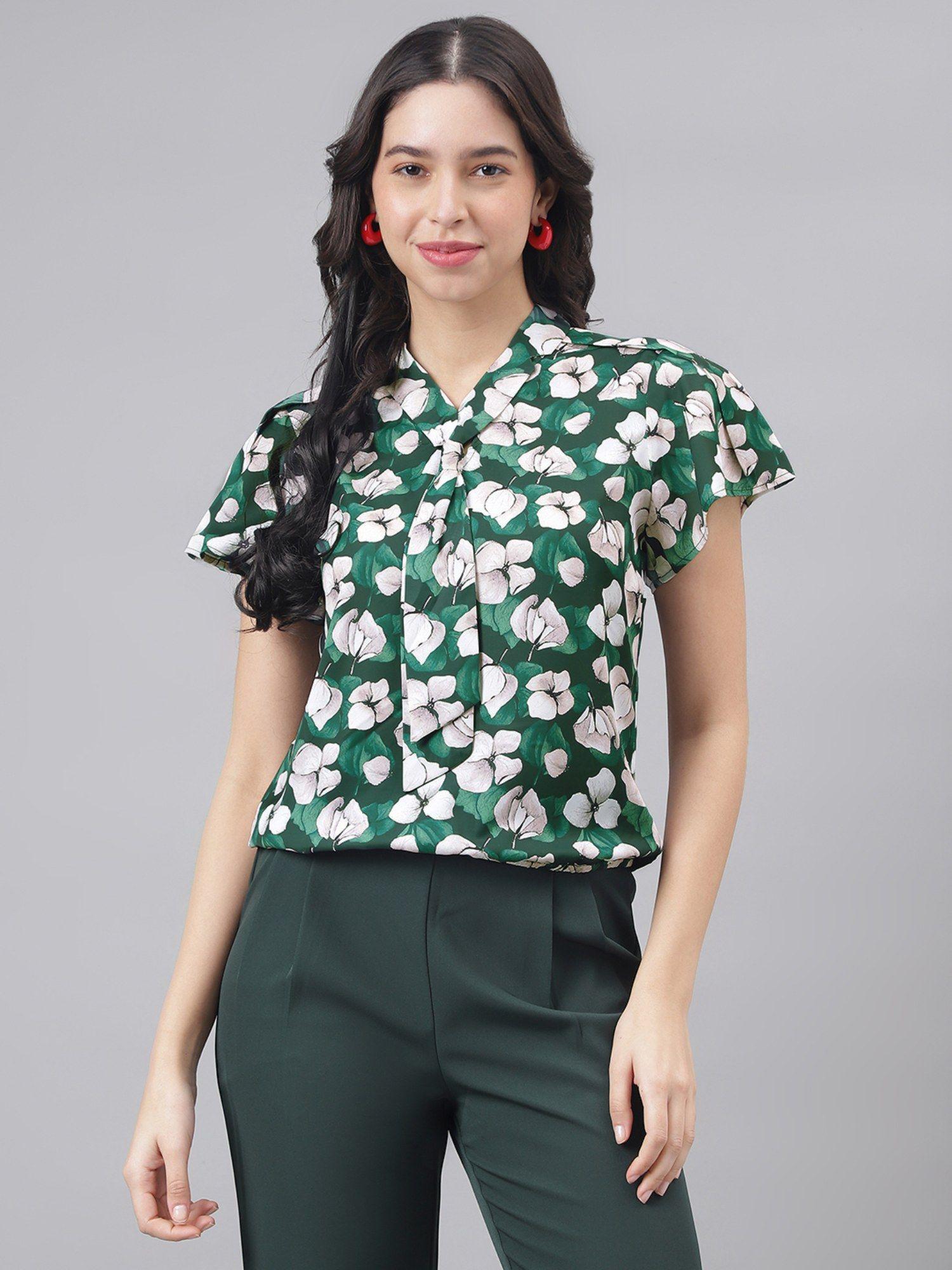 green cap sleeve tie-up neck women floral blouse top