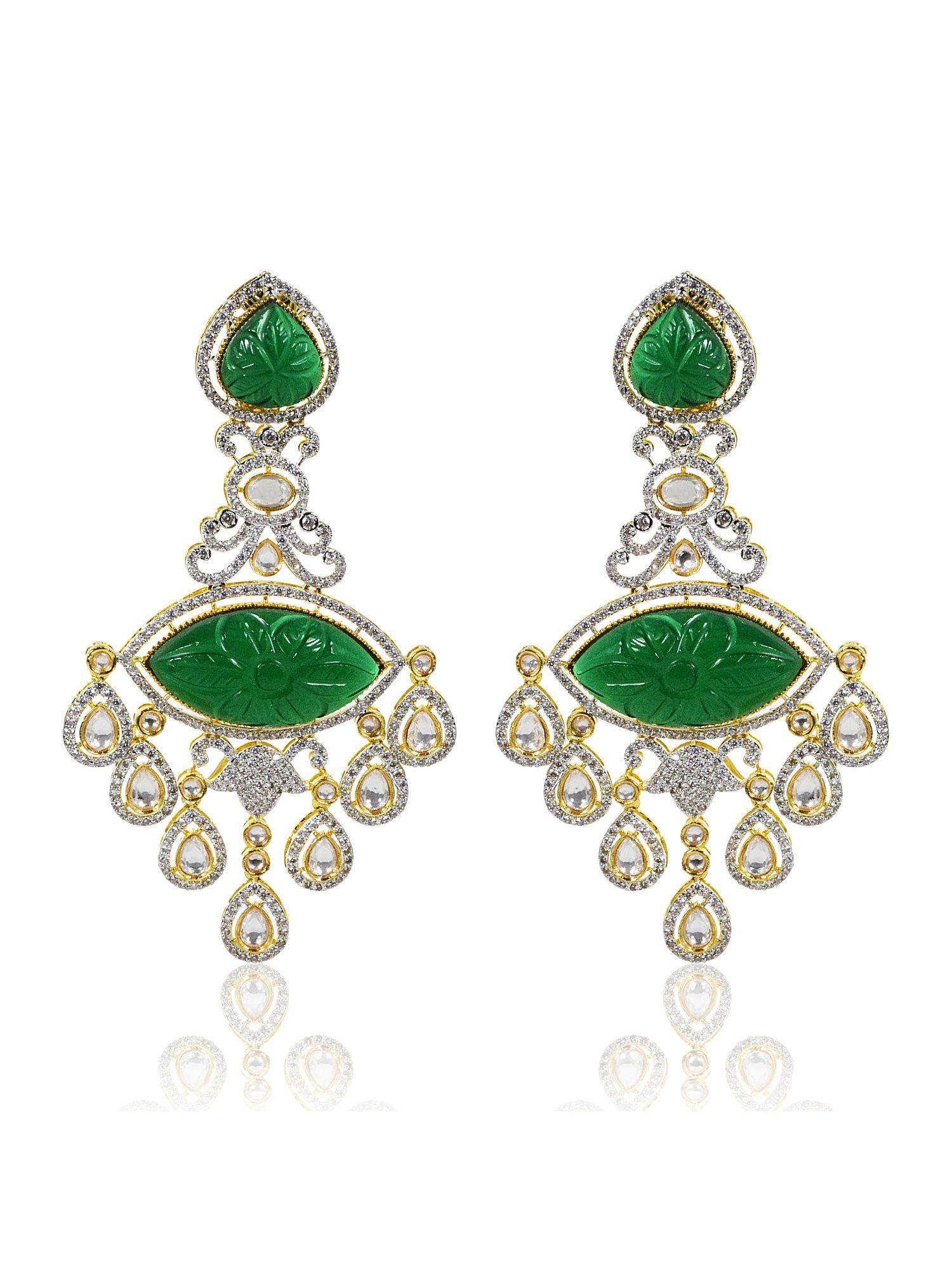 green carved diamond chandelier earrings