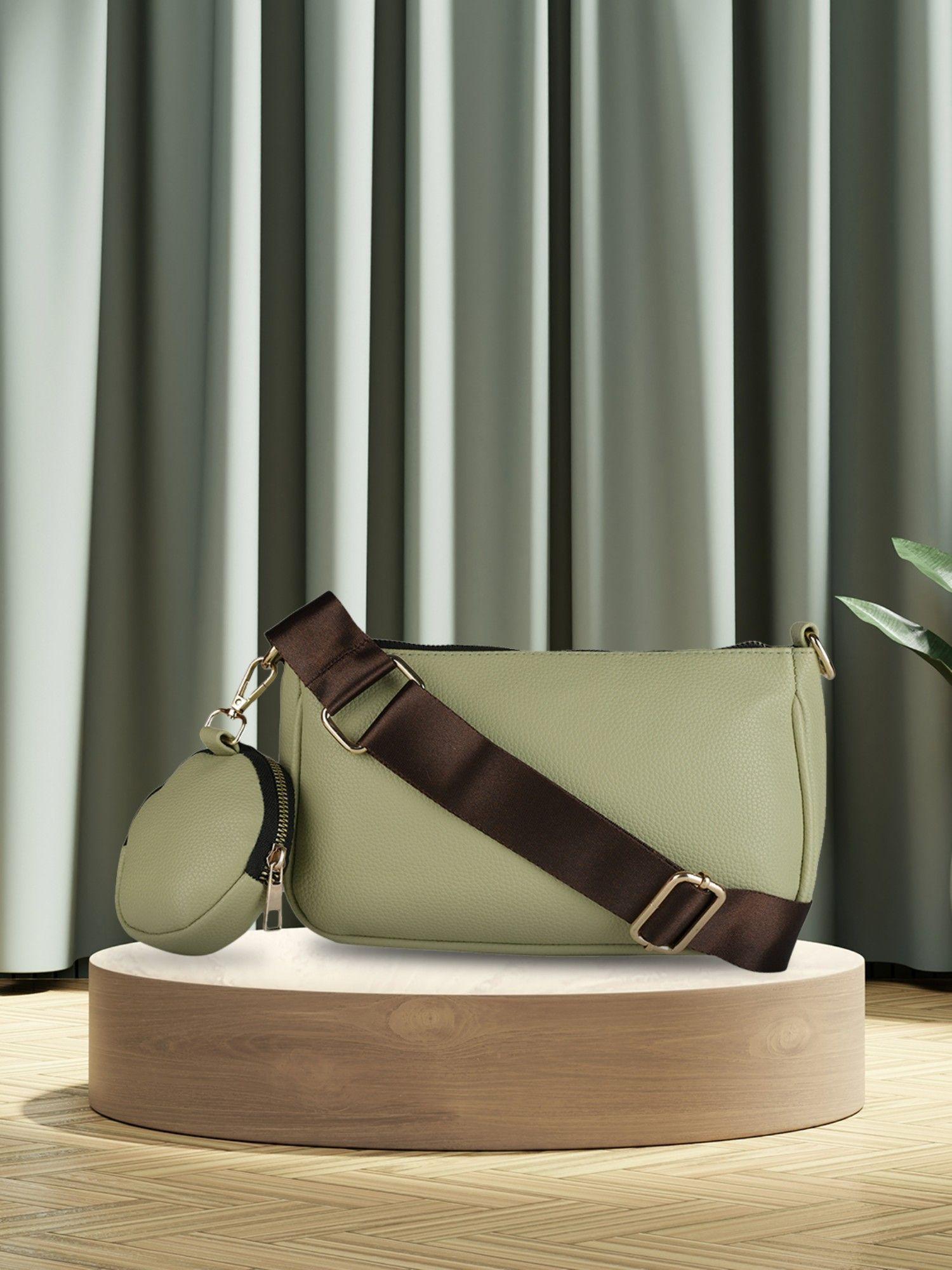 green casual solid sling bag with round pouch