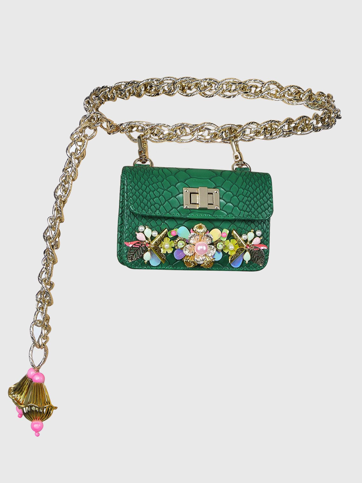 green chain-link embellished belt bag