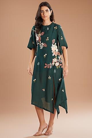 green chanderi applique embroidered asymmetric dress