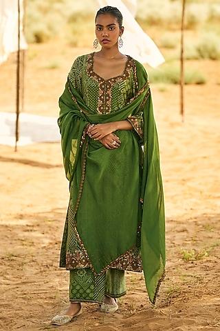 green chanderi bandhani printed kurta set