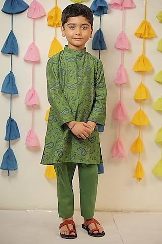 green chanderi block printed kurta set for boys
