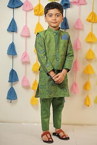 green chanderi block printed nehru jacket set for boys