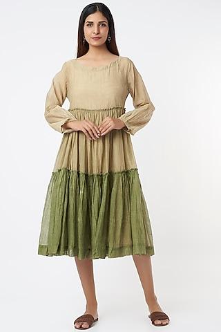 green chanderi cotton tiered dress