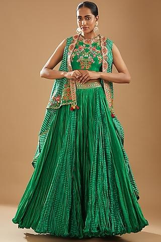 green chanderi crushed printed jacket lehenga set