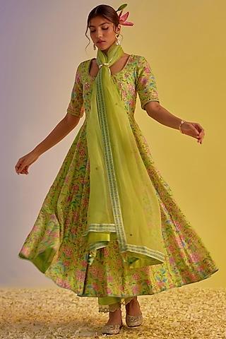 green chanderi digital printed & hand embroidered anarkali set