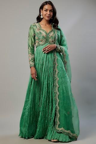 green chanderi dori embroidered anarkali set