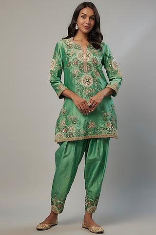 green chanderi dori embroidered kurta set