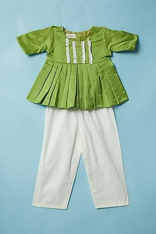 green chanderi embellished top set for girls