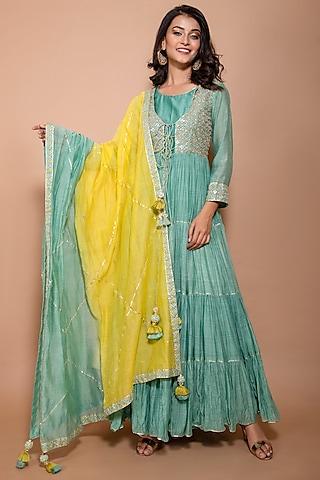 green chanderi embroidered dress with dupatta