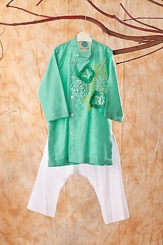 green chanderi embroidered kurta set for boys