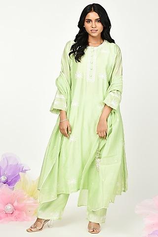 green chanderi embroidered kurta set