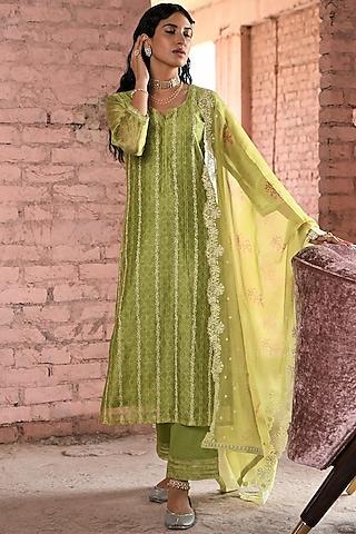 green chanderi embroidered kurta set