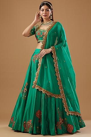 green chanderi embroidered lehenga set