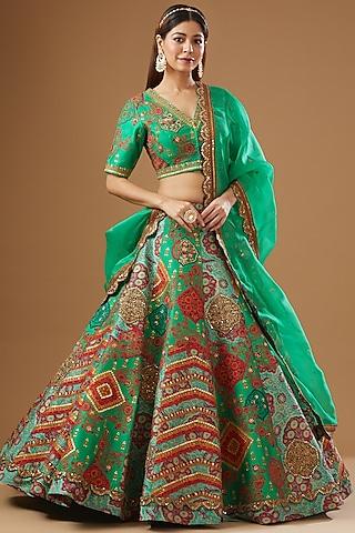 green chanderi embroidered lehenga set