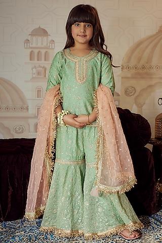 green chanderi embroidered sharara set for girls