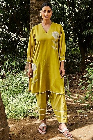 green chanderi floral applique work kurta set