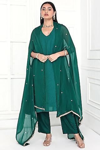 green chanderi floral embroidered a-line tunic set