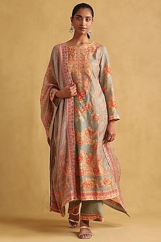 green chanderi floral printed kurta set