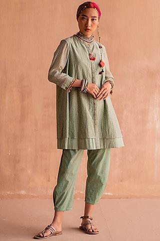 green chanderi hand block printed & embroidered tunic