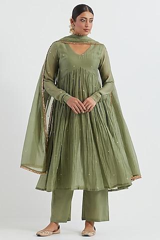 green chanderi hand embroidered anarkali set