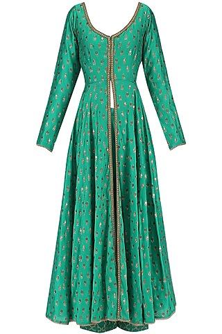 green chanderi kurta and palazzo pants set