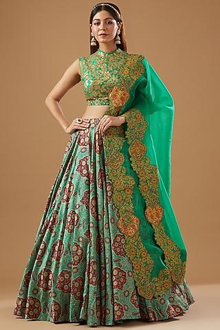 green chanderi mughal printed lehenga set