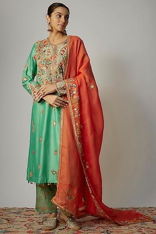 green chanderi paisley embroidered kurta set