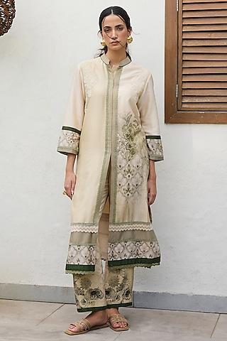 green chanderi patchwork printed kurta set