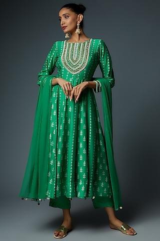 green chanderi printed & embroidered anarkali set