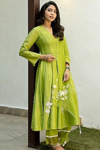 green chanderi printed & embroidered anarkali set