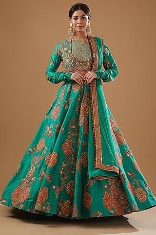 green chanderi printed & embroidered anarkali set