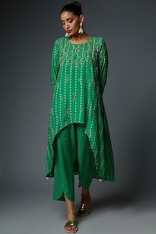 green chanderi printed & embroidered asymmetric tunic set