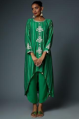 green chanderi printed & embroidered tunic set