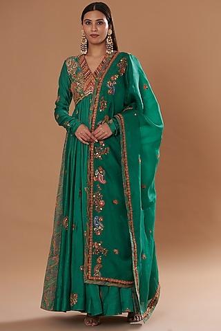 green chanderi printed kalidar anarkali set