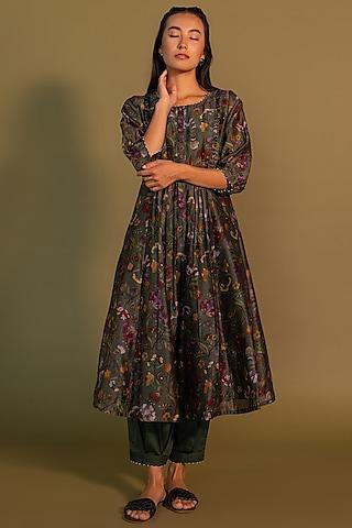 green chanderi printed kurta set