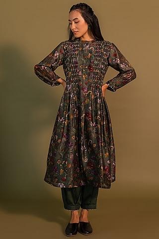 green chanderi printed kurta set