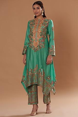 green chanderi printed kurta set