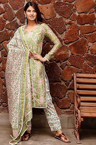 green chanderi printed kurta set