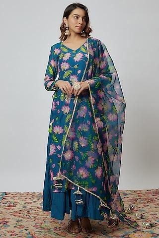 green chanderi printed kurta set