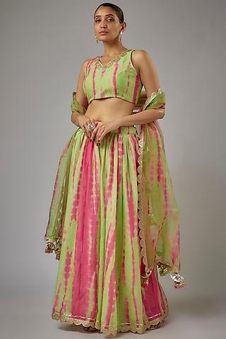 green chanderi screen printed & lace embroidered lehenga set