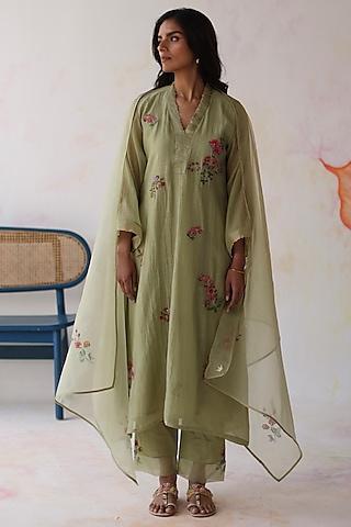 green chanderi sequins & floral embroidered kurta set