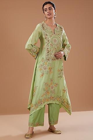 green chanderi shimmer dori embroidered hanky kurta set