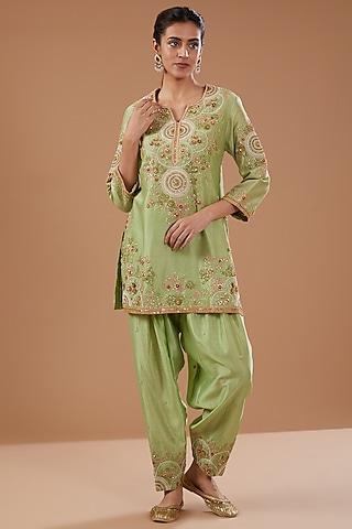 green chanderi shimmer dori embroidered short kurta set